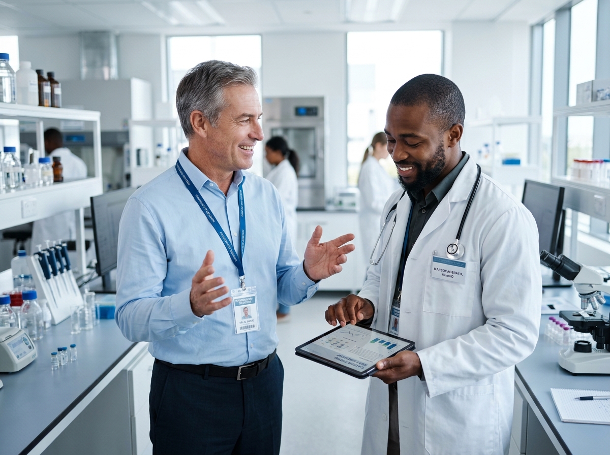 Senior pharmaceutical industry mentor guiding a pharmacist candidate